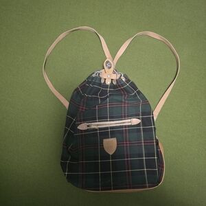 Vintage Sac Lafuma Drawstring Backpack - Green Plaid with Tan Trim